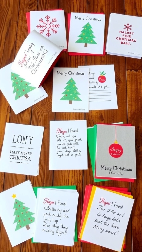 A variety of printable Christmas cards with festive designs on a wooden table.